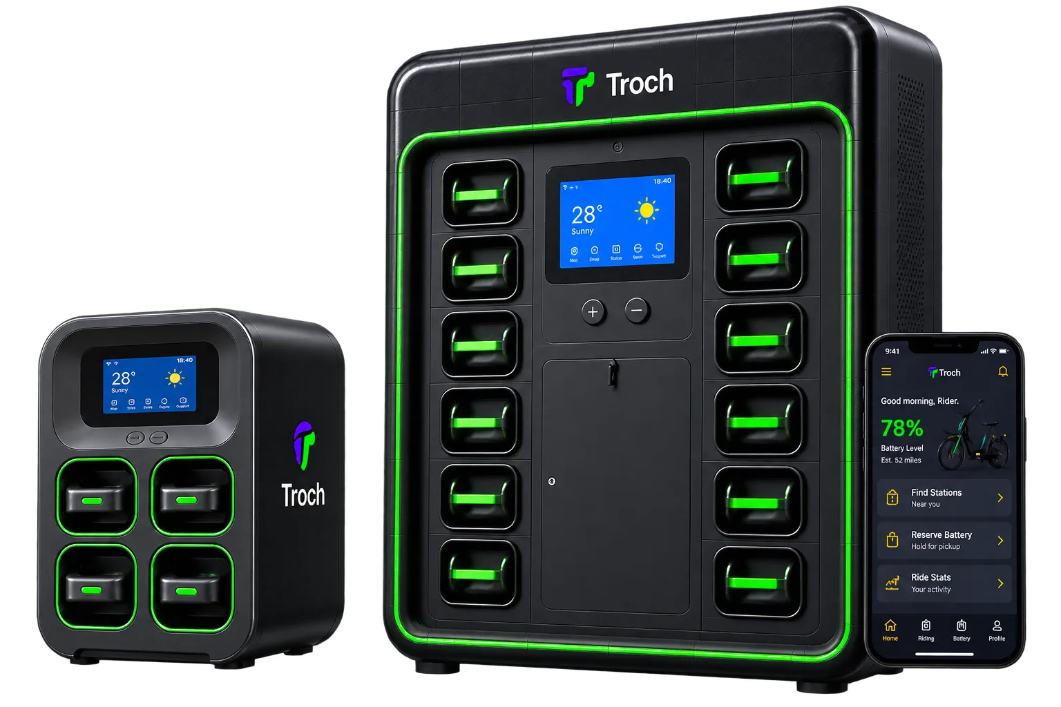 Trochulis compact dock, swap station, and rider app